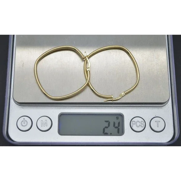 Real 14K Solid Yellow Gold 34.4mm Large Square Cut Shape Hoop Earrings 2.4gr